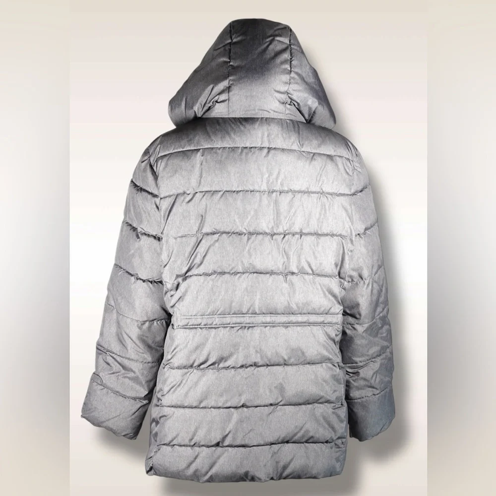 GAP Mid Puffer Jacket Silver Heather Hooded Faux-Fur Lined – Women’s Size XL